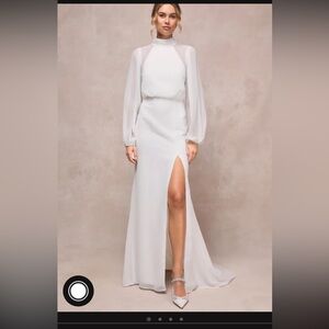Elegant White High-Neck Long Sleeve Evening Gown